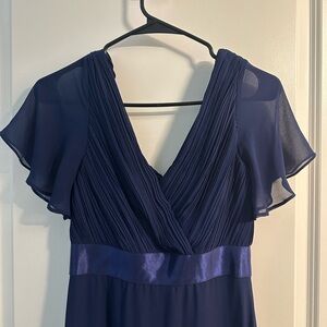 Ever Pretty Blue Ruched Wrap Gown with Flutter Sleeves